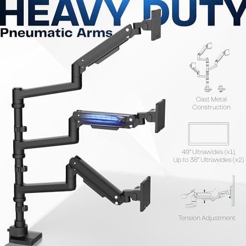 VIVO Pneumatic Arm Triple Ultrawide Monitor Extra Tall Desk Mount for Up to 49 inch Screens, Heavy Duty Clamp, Holds 3 Ultra Wides Up to 44 lbs, Black, STAND-V300D 5