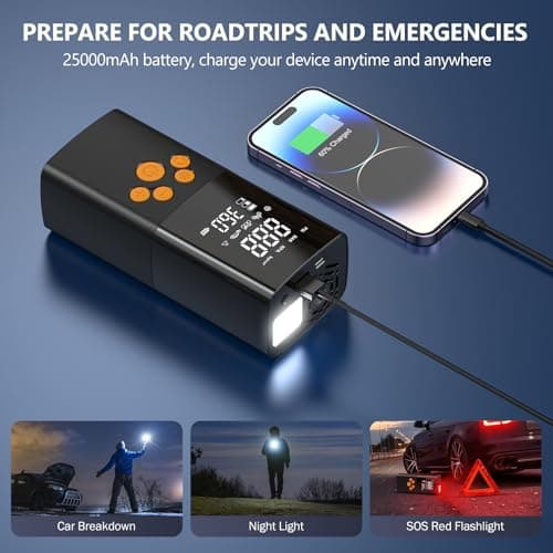 Tire Inflator Portable Air Compressor, 180PSI Air Pump for Car Tires with 25000mAh Battery, One Click Smart Air Pump Tire Inflator for Car, Motorcycle, Bicycle and More with Tire Pressure Gauge 4