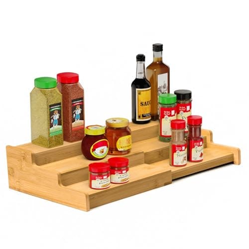 VenDotbi Spice Rack, 3-Tier Expandable Bamboo Spice Rack Organizer for Cabinet - Kitchen, Pantry and Cupboard Storage Organizer
