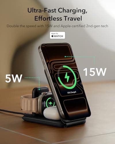 ESR 3 in 1 Charging Station for Apple, Certified Apple Watch Charger, 15W MagSafe Charger Stand for iPhone, Travel Charger for iPhone 17/16/15/14/13, Watch, AirPods,Black 2