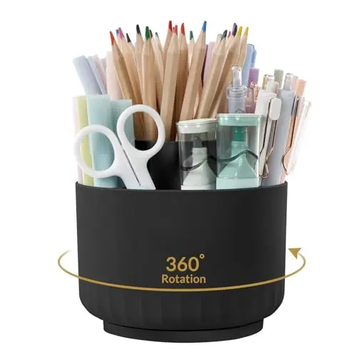SKYDUE 360 Degree Rotating Pencil Pen Holder for Desk, Dual-Purpose Desk Organizer, Rotating Pencil Cup with 5 Slots, Office Supplies, Desk Decor for Office, School, Home