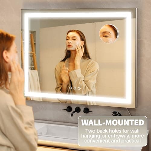 FENNIO 23" x 18" Vanity Mirror with Lights，LED Makeup Mirror，Hollywood Mirror with 3 Color Modes & Adjustable Brightness，Vanity Mirror Square White 6