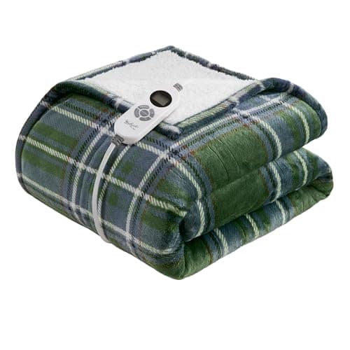 Woolrich Heated Throw Blanket with Ultra Soft Plush and Sherpa Reverse, 12 Heat Settings, Auto Shut-Off, Farmhouse & English Country Gift Throw – Green Plaid Pattern, 50"x60"