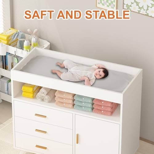 Nursery Dresser with Baby Changing Table,Diaper Changer Tables with 3-Drawer & Shelves, Wooden Baby Dresser with Top, Wood Diaper Changing Station 7