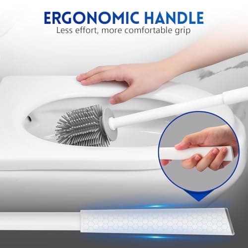 Toilet Brush and Holder Set, Silicone Toilet Bowl Brush, Bathroom Accessories, Durable Toilet Scrubber Bristles, Compact Size for RV, Wall Mountable, Drip-Proof, Deep Cleaning. (White) 5