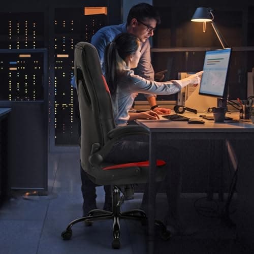 Sweetcrispy Computer Gaming Chair - PU Leather Ergonomic Lumbar Support with Flip-up Armrest and 360° Swivel Wheels, Height Adjustable Task Home Office Desk Video Racing, Red 5