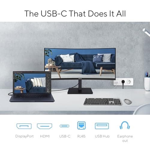 ASUS 34” Ultrawide Curved USB-C Docking Monitor (VA34VCPSN) - 21:9 QHD (3440 x 1440), 1500R Curvature, 100Hz, Adaptive Sync, USB Hub, RJ45, Eye Care, Frameless, VESA Wall Mountable, Height Adjustable 6
