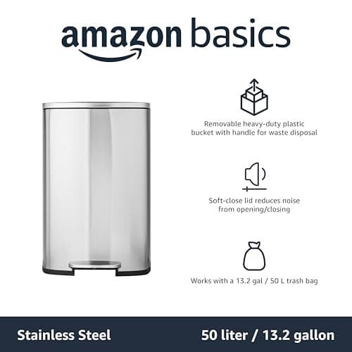 Amazon Basics Smudge Resistant Rectangular Trash Can with Soft-Close Lid, Foot Pedal, Removable Inner Bucket, 50 Liter/13.2 Gallon, Brushed Stainless Steel, Satin Nickel Finish 5
