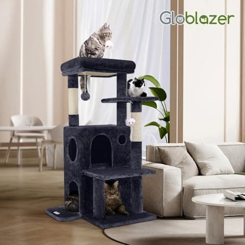 Globlazer Cat Tree Tower for Indoor Cats, 50-inch Adult Cat Tree House for Large Adult Cats with Steps, Scratching Post, 2 Cat Caves, Dangling Toys, FC50, Dark Grey 7