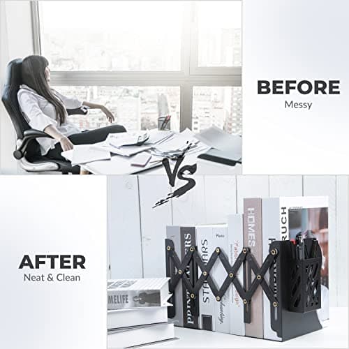 Auxu Adjustable Desk Storage Bookends with Pen Stand Holder – 2-in-1 Bookend and Pen Stand – Telescopic Design – Expands Up to 20” – Multipurpose and Versatile – Desktop Accessory 6