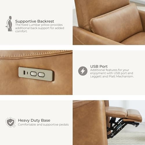 CHITA Power Recliner Chair Swivel Glider, FSC Certified Upholstered Faux Leather Living Room Nursery Reclining Sofa Chair with Lumbar Support, Cognac Brown 7
