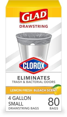 Glad Small Drawstring Trash Bags with Clorox, 4 Gal, Lemon Fresh Bleach, 80 Ct (Package May Vary)