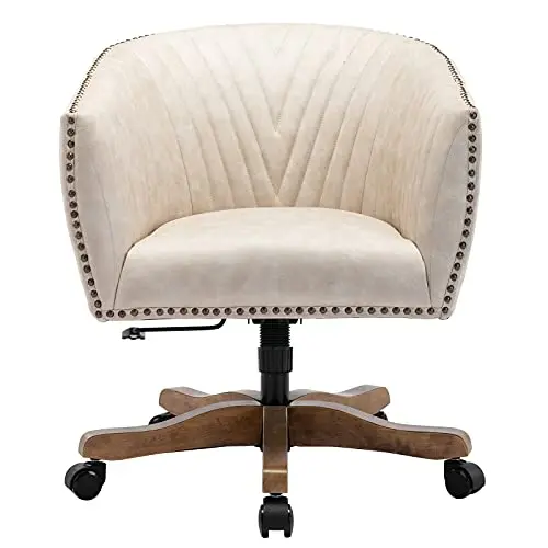 Guyou Retro Barrel Swivel Home Office Desk Chair for Heavy Duty, Upholstered Ergonomic Accent Arm Chair with Luxurious Nailheads and Pleated Mid-Back, Beige in Faux Leather