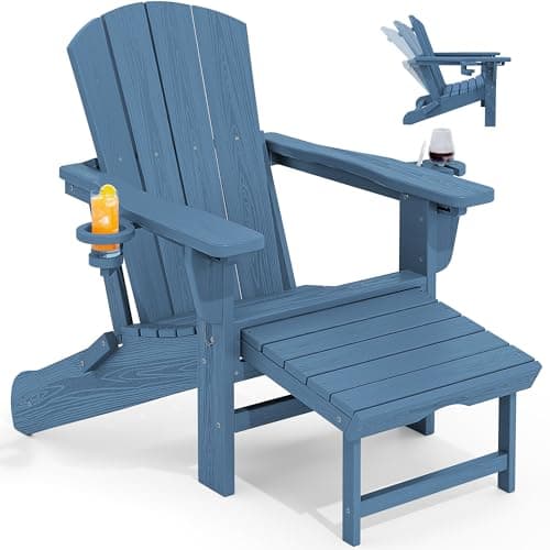 KINGYES Folding Adjustable Adirondack Chair with Retractable Ottoman, HDPE Recliner Adirondack Chair with Cup Holder, Blue