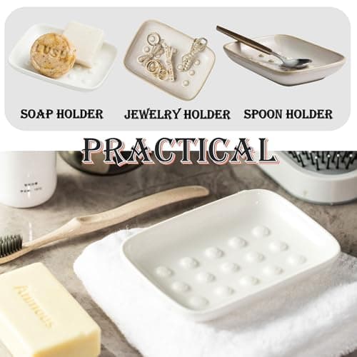 Miamolo Soap Dish, Ceramic Soap Holder Shower Soap Dish for Bar Soap Sponge, Soap Saver Tray for Bathroom Kitchen Sink, White 7
