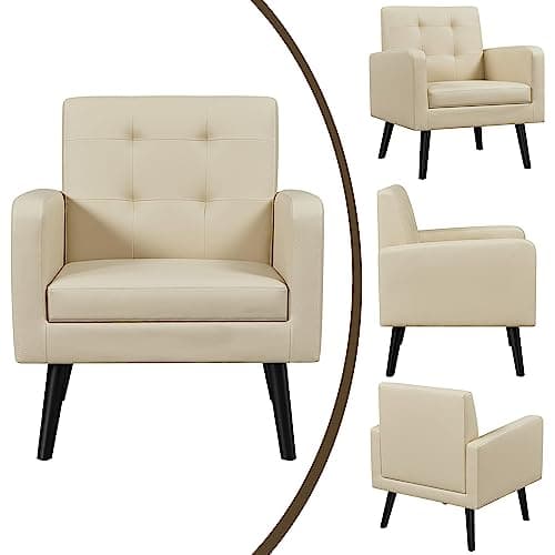 Yaheetech Mid-Century Accent Chairs, PU Leather Modern Upholstered Living Room Chair, Cozy Armchair Button Tufted Back and Wood Legs for Bedroom/Office/Cafe Beige 9
