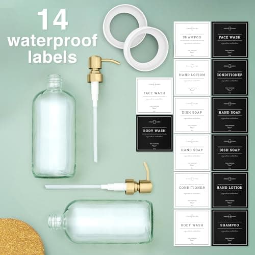 Vine Creations Clear Glass Soap Dispenser, 2 Pack Kitchen Soap Dispenser Set with Stainless Steel Pump, 16 oz Dish Soap and Hand Soap Dispensers for Bathroom with Waterproof Labels 5