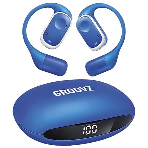 Groovz Open-Ear True Wireless Headphones with Smart Battery Display - Designed and Engineered in The USA - IPX5-Rated Bluetooth Open Ear Earbuds Compatible with Apple & Android - Classic Blue