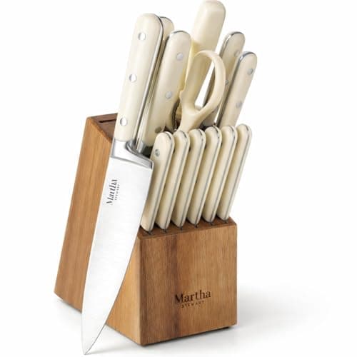 MARTHA STEWART Eastwalk 14 Piece High Carbon Stainless Steel Cutlery Kitchen Knife Block Set w/ABS Triple Riveted Forged Handle Acacia Wood Block - Linen White