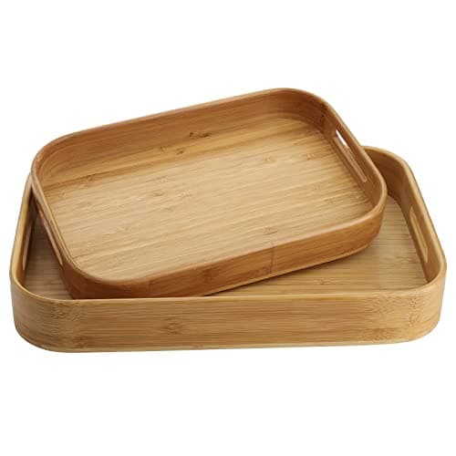 Dicunoy Set of 2 Bamboo Serving Tray, Solid Wood Breakfast Tray with Handles and Arc Angles, Large Size for Food, Dinner, Tea, Coffee, Bar, Parties, 15.6" L x 10.8" W /12.6" L x 8.5" W