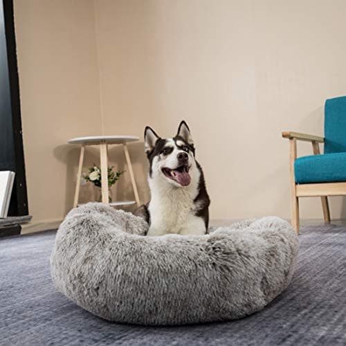 Coohom Oval Calming Donut Cuddler Dog Bed,Shag Faux Fur Cat Bed Washable Round Pillow Pet Bed(30"/36"/43") for Medium Dogs (XL(36"x27"x7"),Light Brown) 5