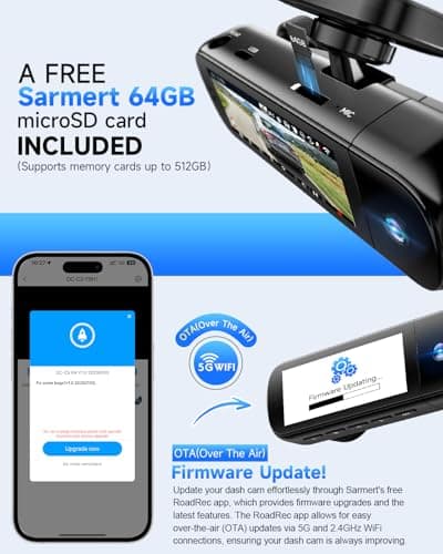 SARMERT 4K 3 Channel Dash Cam, Dash Cam Front and Rear C3, Free 64GB Card, 4K+1080P+1080P Dashcam, G-Sensor, WDR, APP, 5G WiFi, Night Vision, 24H Parking Monitor 6