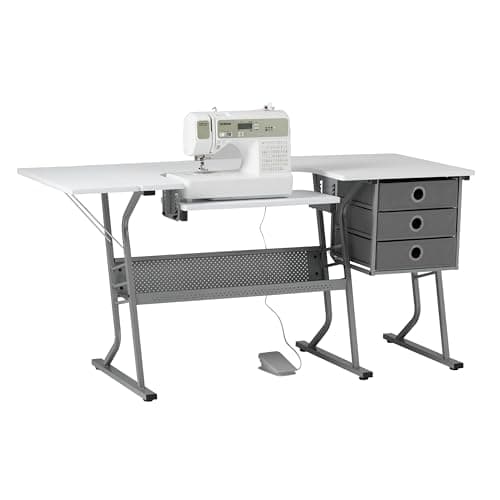 Sew Ready Eclipse Hobby and Sewing Machine Table - White Sewing Table with Gray Storage Drawers + Large Lower Shelf - Can Also Be Used as Computer Desk