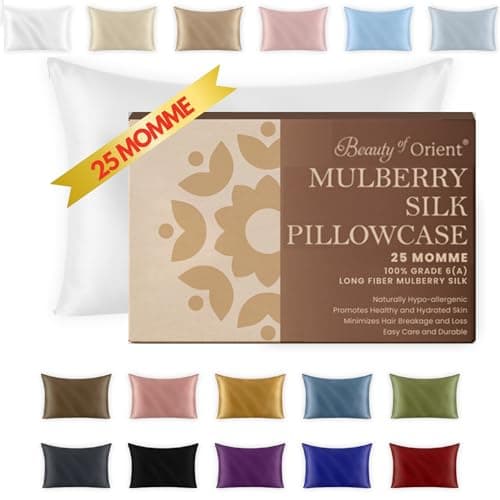 Beauty of Orient 25 Momme Premium Mulberry Silk Pillowcase for Hair and Skin | Handcrafted Hypoallergenic & Anti-Acne White Silk Pillow Cases with Zipper | Standard - 20" x 26", Natural Undyed White