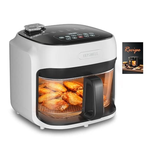 BOSWELL Glass Air Fryer, 7.5QT Borosilicate Bowl with Circulating Heat, Digital Touchscreen, 400°F Max Temp, Oil-Free Fryer with Mist Function, Dishwasher Safe (White)