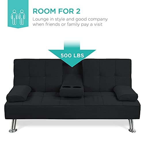 Best Choice Products Linen Modern Folding Futon, Reclining Sofa Bed for Apartment, Dorm w/Removable Armrests, 2 Cupholders - Black 5