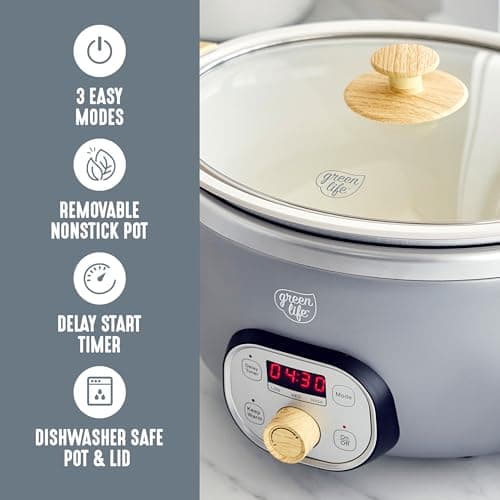 GreenLife 6QT Slow Cooker, Non-Toxic PFAS-Free Ceramic Nonstick Removable Interior Bowl, Programmable, Family Friendly, Keep Warm, Stovetop & Oven Safe, Dishwasher Safe Crock, Timer, Glass Lid, Gray 7