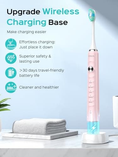 COSLUS Sonic Electric Toothbrush for Kids & Adults C40(DY-108Pro): 47000 VPM for Deep Cleaning with Travel Case - 5 Modes for Sensitive Teeth & Braces, Wireless Charging, 6 Brush Heads, Pink (1PC) 5