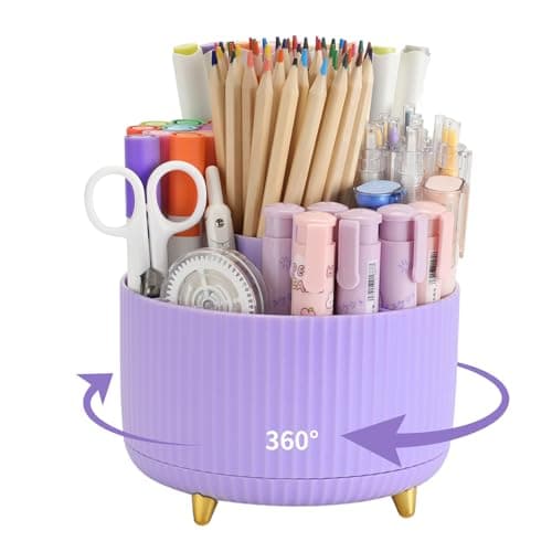 Camelmother Pen Holder For Desk With 5 Slots 360°Rotating Pencil Holder Makeup Organiezr Teacher Supplies Office decor (purple)