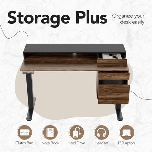HUANUO Standing Desk with Drawers and File Cabinet, 47 Inch Electric Height Adjustable Desk with Storage, Ergonomic Stand Up Table Compatible with Monitor Stand, Black Walnut 5