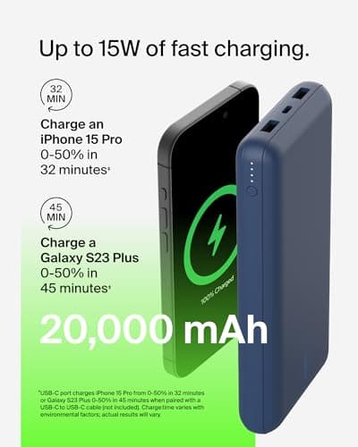 Belkin Portable Charger, USB C Power Bank 20000 mAh w/ 2 USB-A Ports, 15W w/ Type-A to Type-C Cable - iPhone 17, Air, Pro, Pro Max, AirPods, Samsung Galaxy S25, S24, Google Pixel 10, iPad, etc. - Blue 7