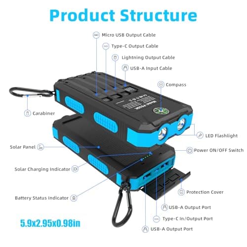 YELOMIN Solar Charger, 20000mAh Portable Type-C Solar Power Bank with 4 Cables, Waterproof Battery Pack, Outdoor External Backup Power Charger Six Outputs/LED Flashlights, Perfect for Camping Travel 6