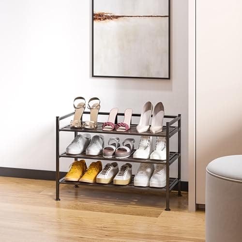 Seville Classics Sturdy Freestanding Storage Shelf for Bedroom, Closet, Entryway, Dorm Room Organizer Stackable Durable Metal Shoe Rack Espresso Slat, 3-Tier (NEW MODEL) 4