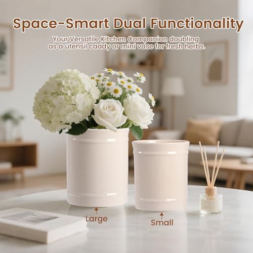 SZUAH Kitchen Utensil Holder, Larger Ceramic Utensil Crock for Kitchen Counter top & Dining Table (Cream, 5.9" x 5.9" x 6.7") 7