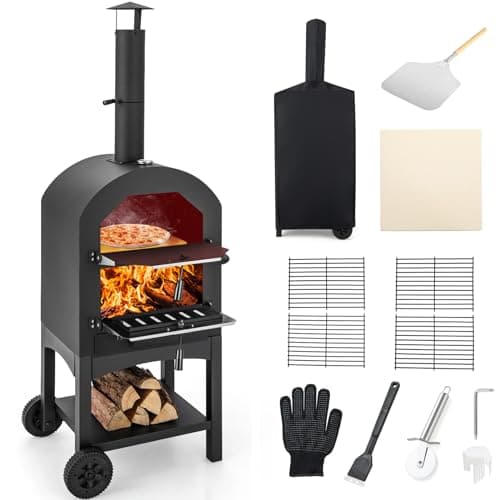 Giantex Wood Fired Pizza Oven with Pizza Stone, Peel, Waterproof Cover, Cooking Grids, Wheels for Outside Camping, Outdoor Backyard Party (64 Inch)