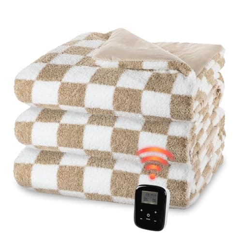 Dowin Heated Comforter Blanket Queen Size with Wireless LCD Control - Checkered Beige Electric Blankets, 6 Heating Levels, 2-10H Timer, Cozy & Warming Knit Quilt for Bed, UL Certified, 90x90
