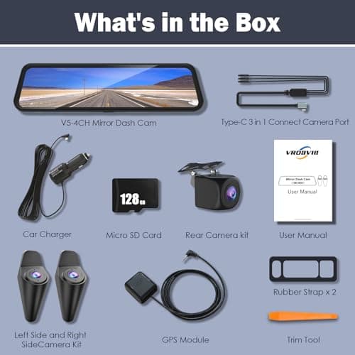 360 Degree View 4 Channel Mirror Dash Cam Detached Camera for Cars，Dash Cam Front and Rear Side(Left,Right),12'' Rear View Mirror Camera1080Px4,WiFi,Night Vision,GPS,Parking Monitor,Free 128GB Card 9