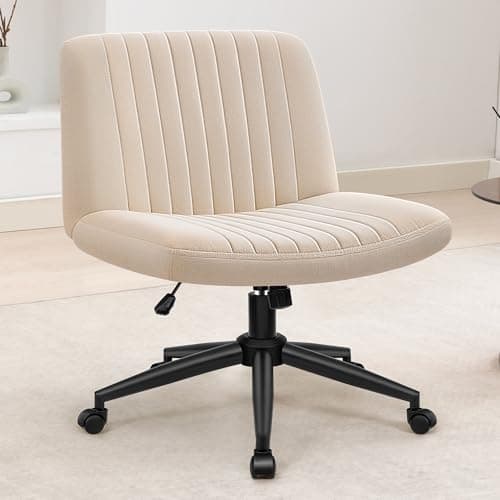 Brick Attic Armless-Office Desk Chair, PU Leather Cross Legged Wide Chair, Ergonomic Wide Vanity Swivel Accent Chair, Height Adjustable Comfy Computer Chair for Home Office