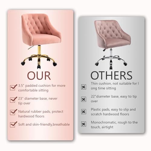 MOJAY Velvet Home Office Desk Chair, Vanity Chair with Wheels Pretty Fancy Gold 360°Swivel Height Adjustable Office Chairs for Girls Home Offices, Bedrooms, Living Room (Pink) 6