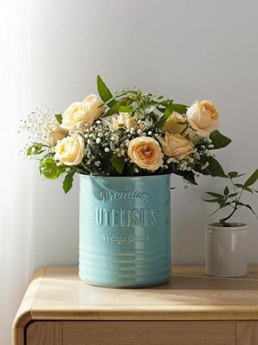 DOWAN 7.2″ Extra Large Kitchen Utensil Holder - Farmhouse Utensil Holder for Countertop - Ceramic Utensil Crock with Protection Cork Mat - Kitchen Decor & Housewarming Gift (Turquoise) 5