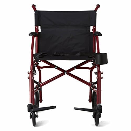 Medline Ultra Lightweight Transport Wheelchair for Adults, Foldable, 19-Inch Seat Width, Red Frame, Black Upholstery 6