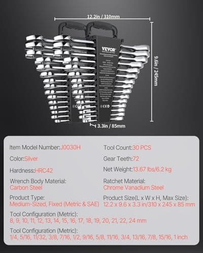 VEVOR Combination Wrench Set, 30-Piece Ratcheting Wrench Set with Organizer Rack, Cr-V Steel Wrench Set SAE 1/4" to 1", Metric 8 mm to 24 mm, Ideal for General Household, Garage, Workshop, Emergency 7