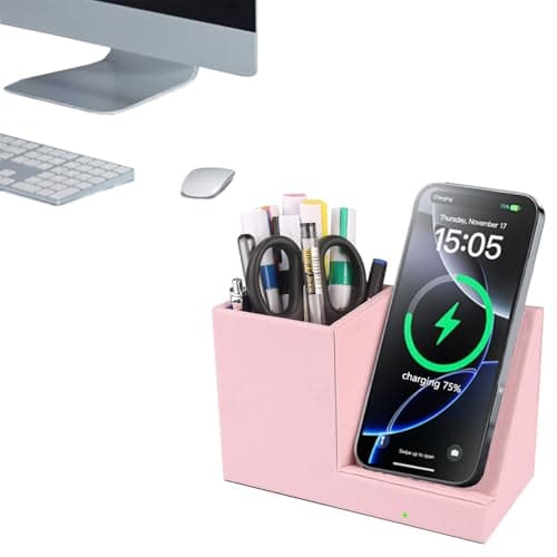 2025 New Wireless Charger,15W Pink Fast Charger,Dual Coil,Qi Certified Charging Dock,Desk Stand and Pen Holder Storage Compatible with iPhone 16/15/14 MAX/XR/XS, S24/S23 Series and More(No AC Adapter
