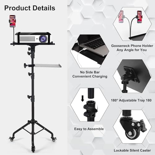 Tossbiss Laptop Tripod on Wheels with 2 Shelves, Portable Projector Floor Stand Adjustable Height 25.9 to 51.8 Inch with Phone Holder 6