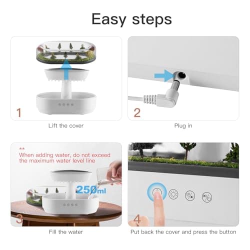 BLOIMP Essential Oil Diffuser 250ML Cloud Humidifier Rain Water Drip Diffuser Humidifier with Drip Music Micro Landscape Ultrasonic Diffuser for Bedroom Office Hotel (White Grey) 7