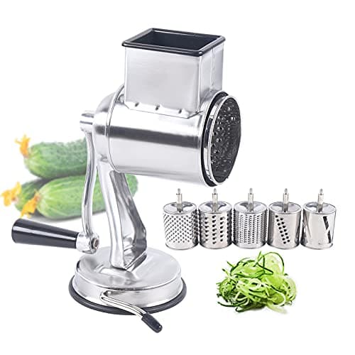 HYYKJ-US Upgrade Stainless Steel Rotary Vegetable Cheese Grater Potato Slicer with 5 Blades, Dishwasher Safe
